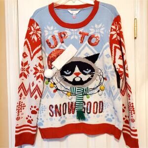 Sz 19 Jrs NOBO Light Blue Red Ugly Cat Christmas Sweater